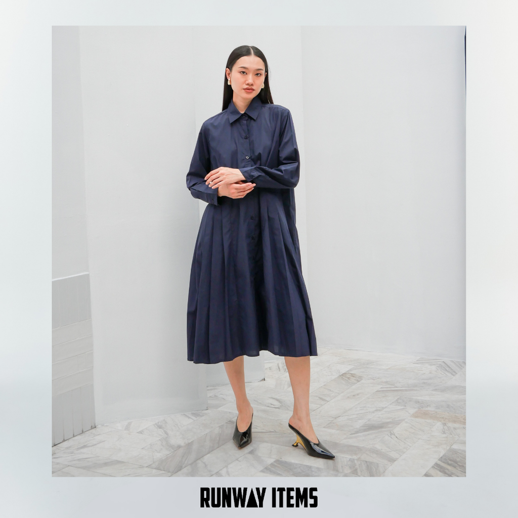Long Sleeve Shirt Dress with Double-Sided Pleats