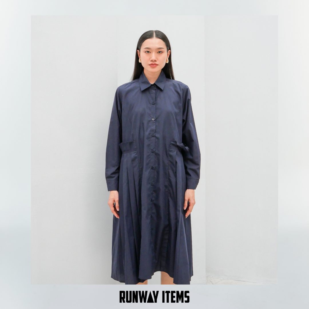 Long Sleeve Shirt Dress with Double-Sided Pleats