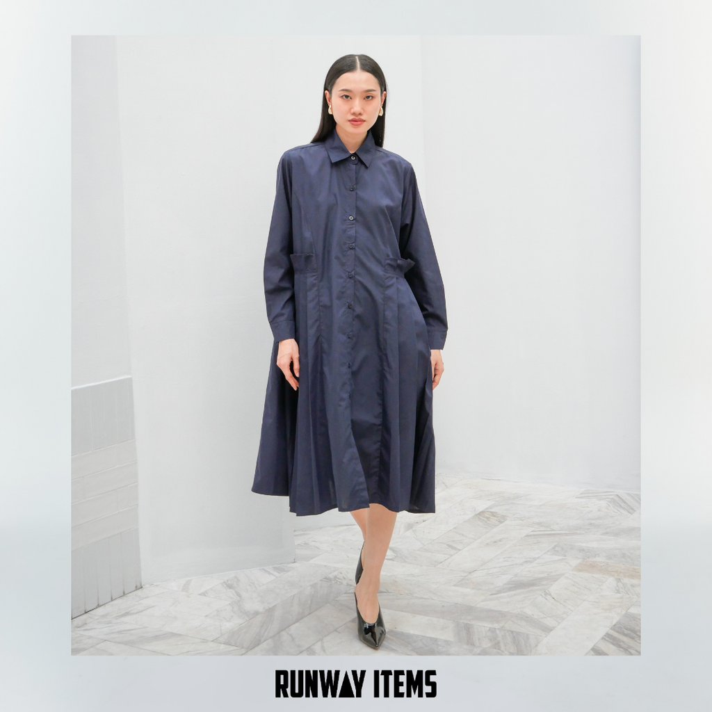 Long Sleeve Shirt Dress with Double-Sided Pleats