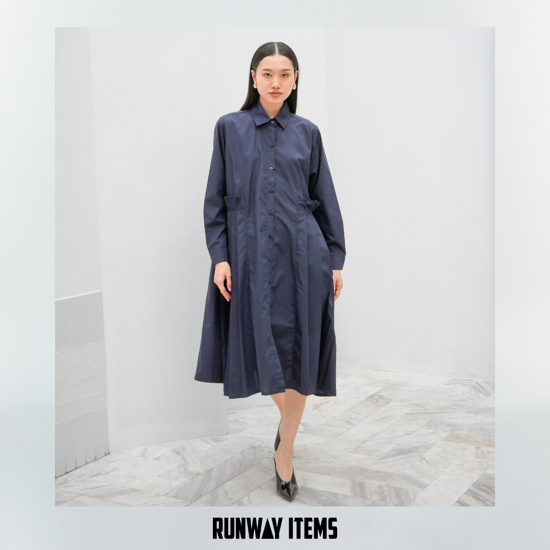 Long Sleeve Shirt Dress with Double-Sided Pleats