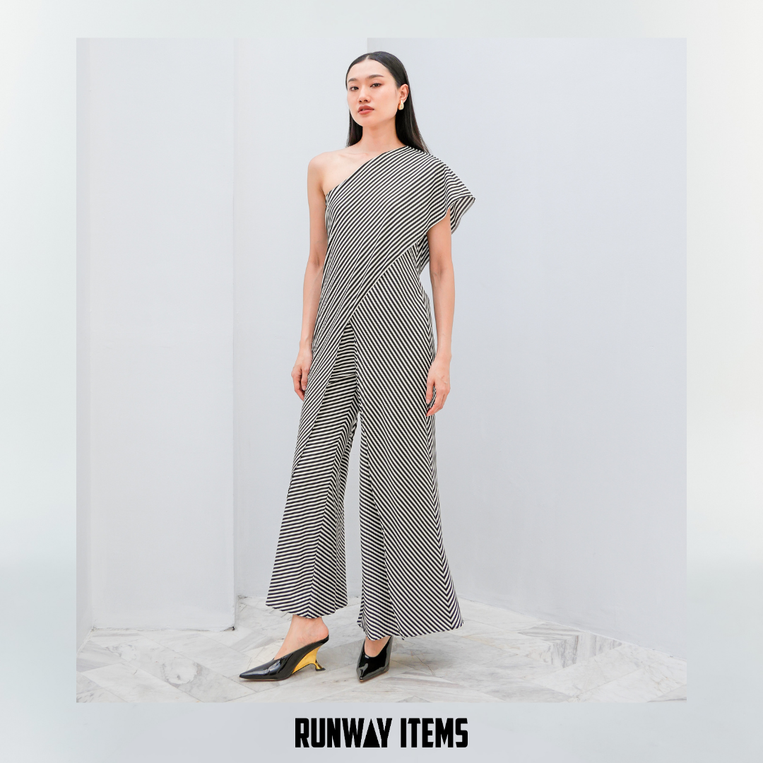 One-Shoulder Striped Jumpsuit Dress