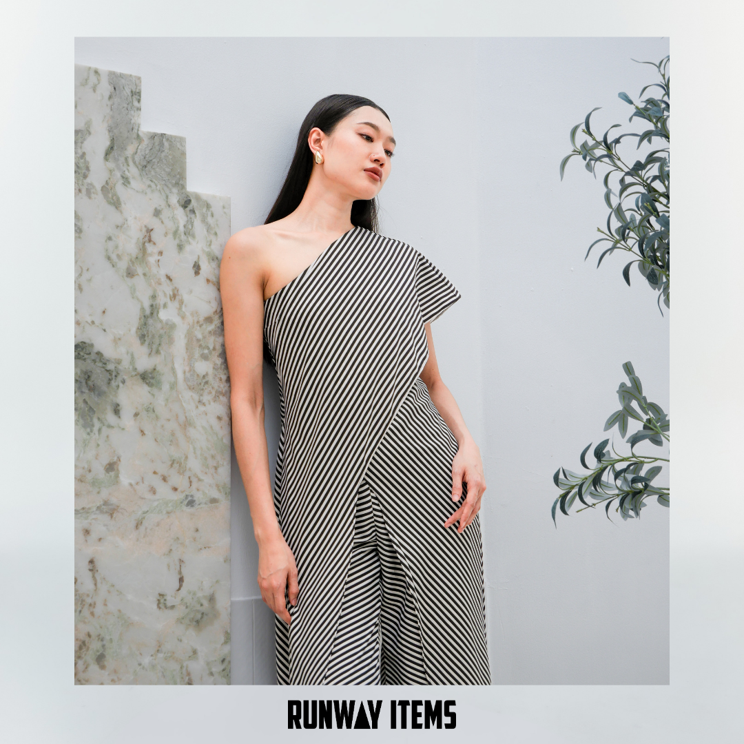 One-Shoulder Striped Jumpsuit Dress