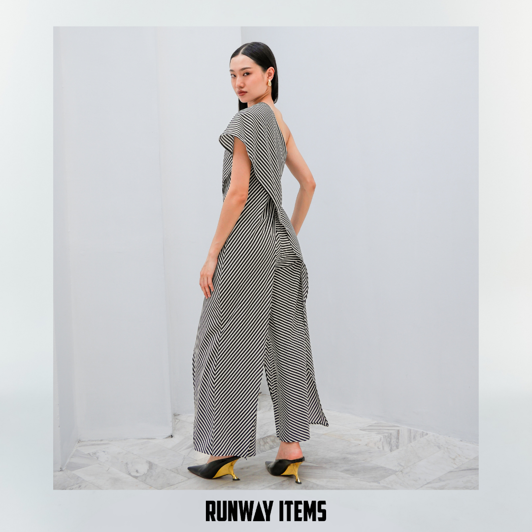 One-Shoulder Striped Jumpsuit Dress