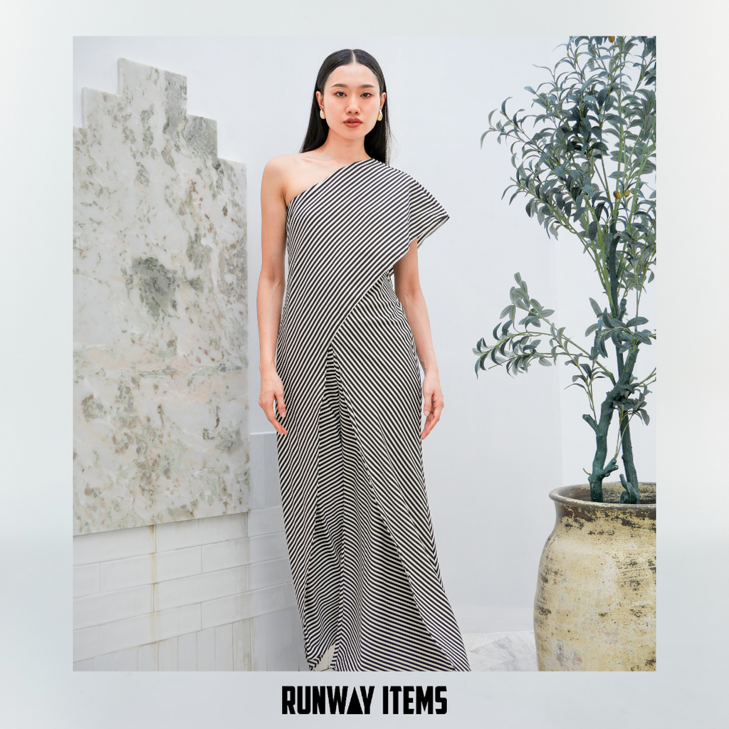 One-Shoulder Striped Jumpsuit Dress