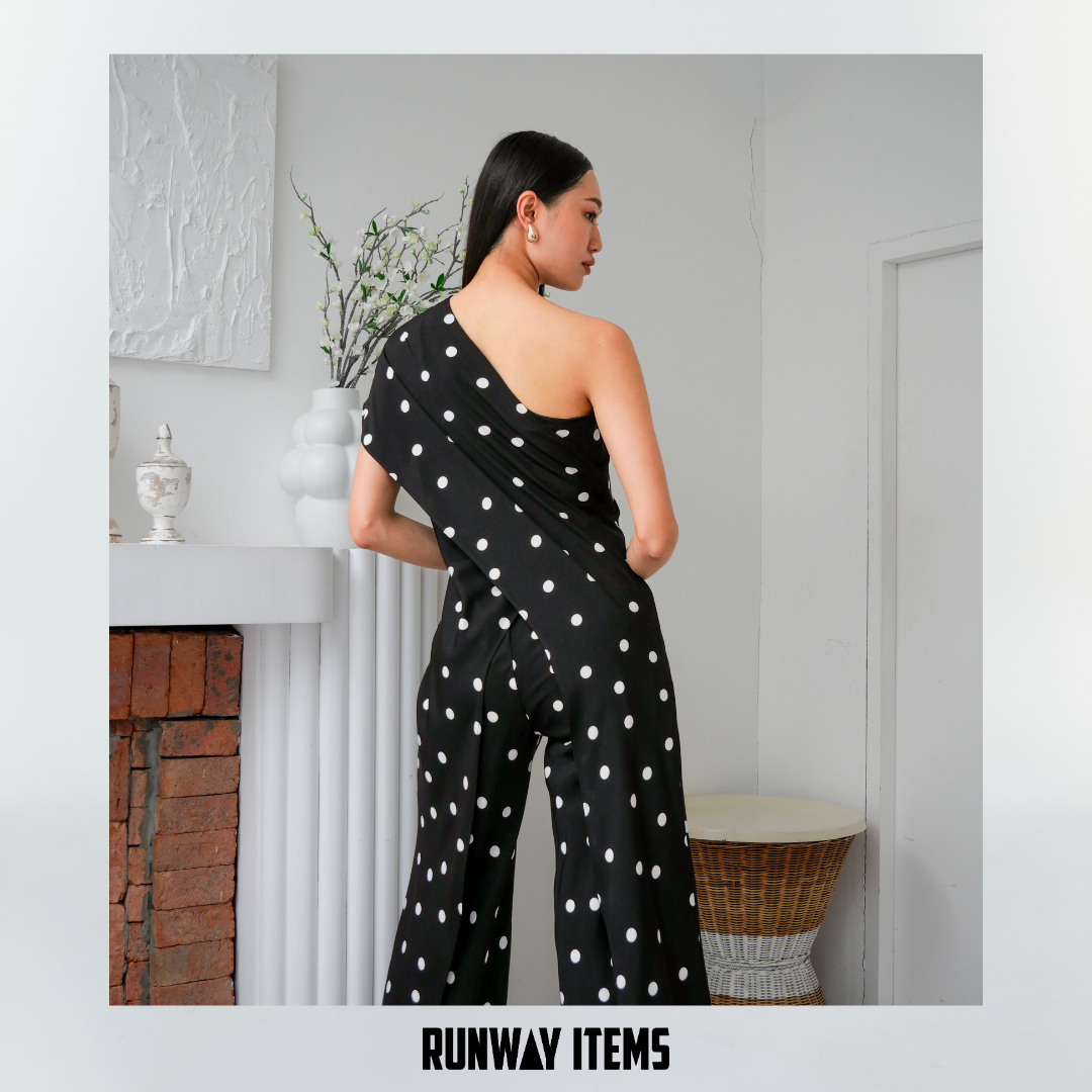 One-Shoulder Polka Dot Jumpsuit Dress