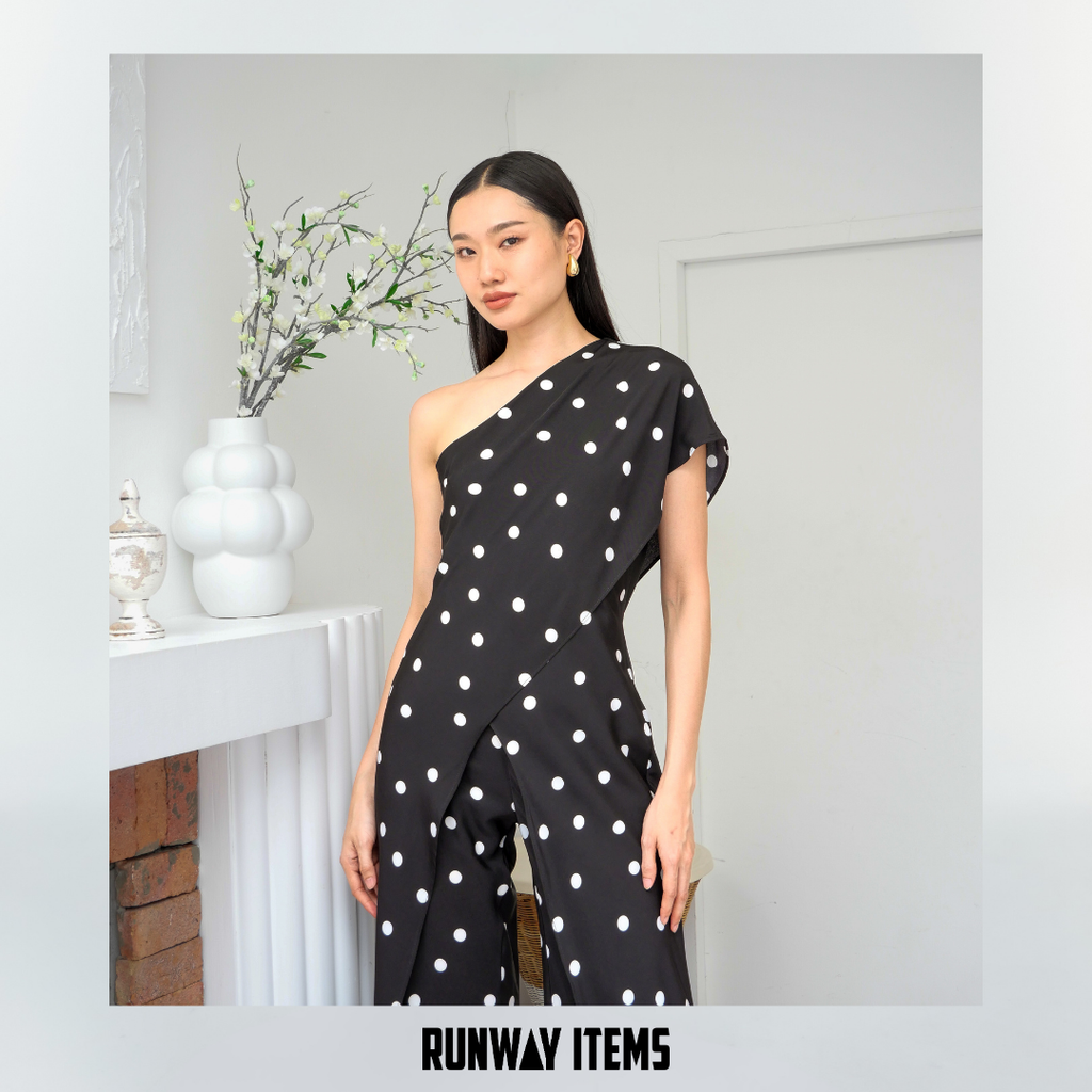 One-Shoulder Polka Dot Jumpsuit Dress