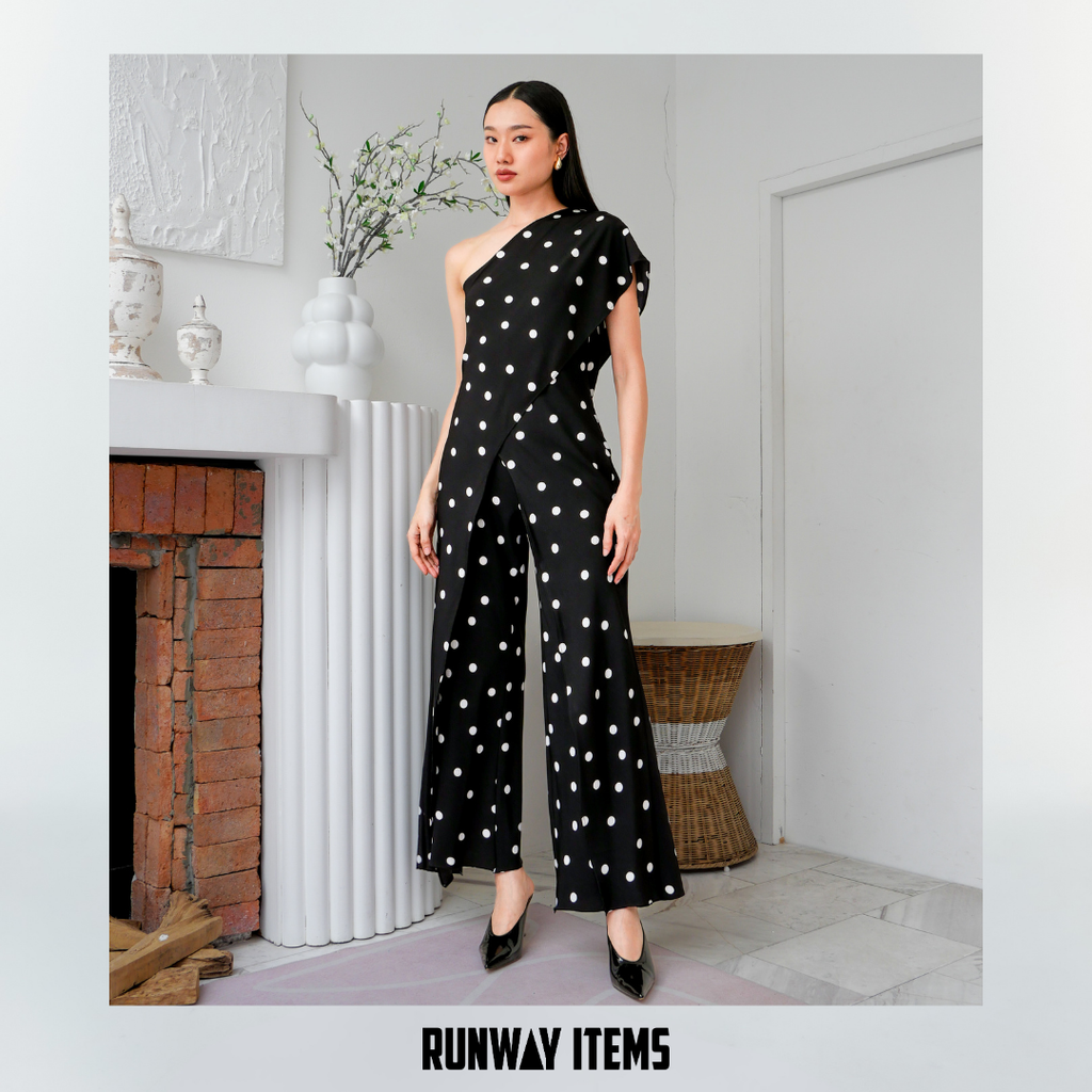 One-Shoulder Polka Dot Jumpsuit Dress