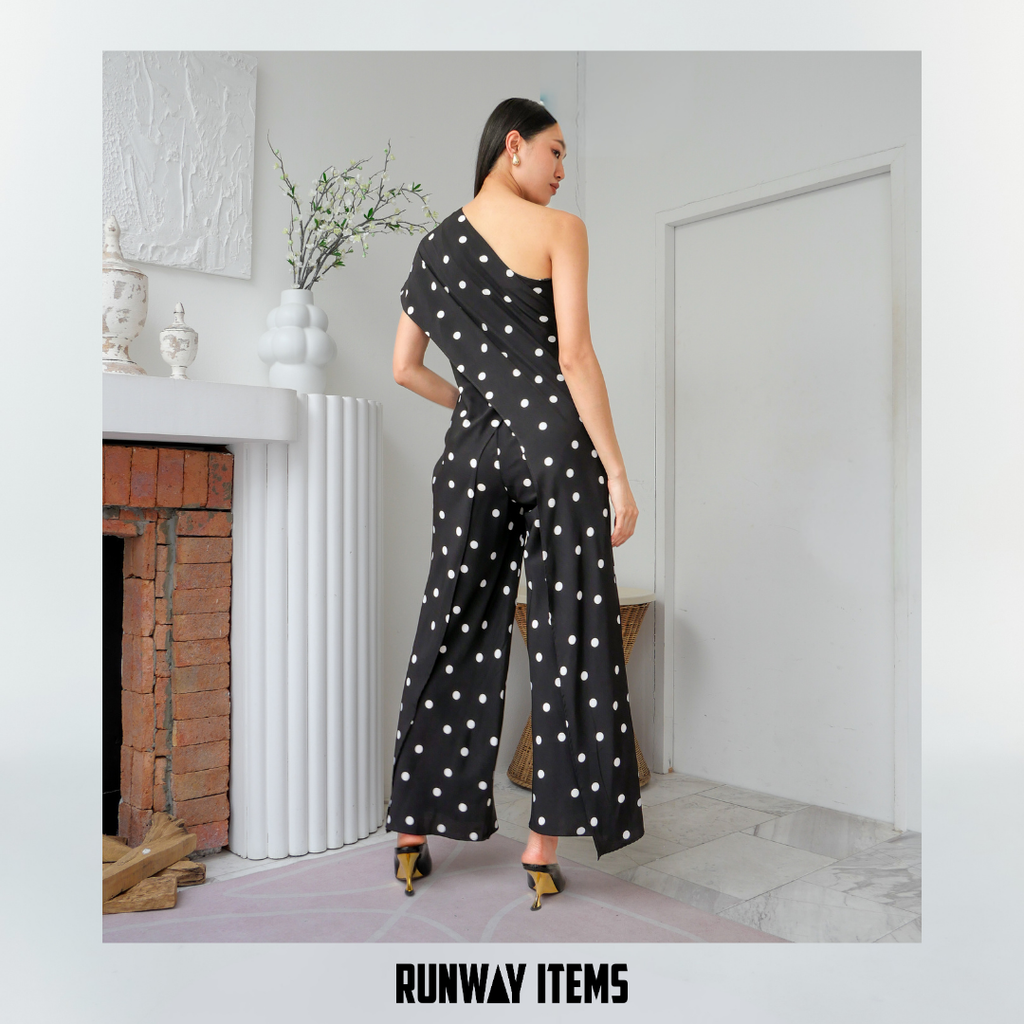 One-Shoulder Polka Dot Jumpsuit Dress